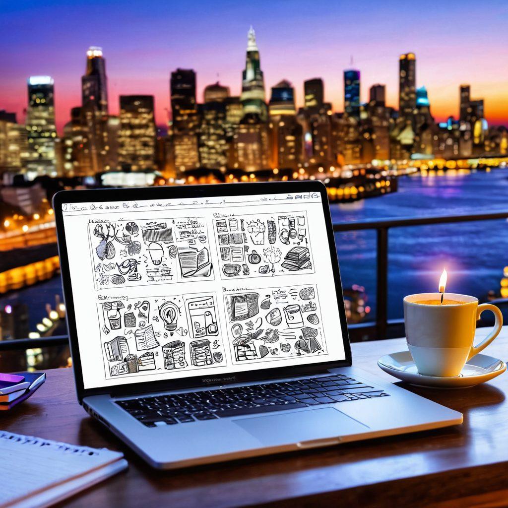 An open notebook filled with vibrant sketches and notes, surrounded by coffee cups, a laptop, and a bright light bulb symbolizing ideas. In the background, a blurred city skyline showcases the digital world of blogging. The scene is infused with energy, highlighting creativity and the transition from concepts to impactful writing. vibrant colors. super-realistic. soft bokeh background.