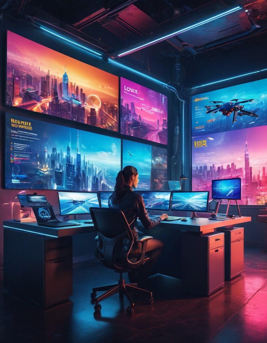 A vibrant, futuristic workspace featuring a person sitting at a sleek desk with multiple digital screens displaying colorful blog layouts and words like 'creativity' and 'innovation'. The background shows a dreamlike cityscape with hovering digital advertisements and flying drones, symbolizing a blend of technology and personal expression. The atmosphere is energetic and inspiring, highlighting the revolution in personal blogging. super-realistic. vibrant colors. cyberpunk.