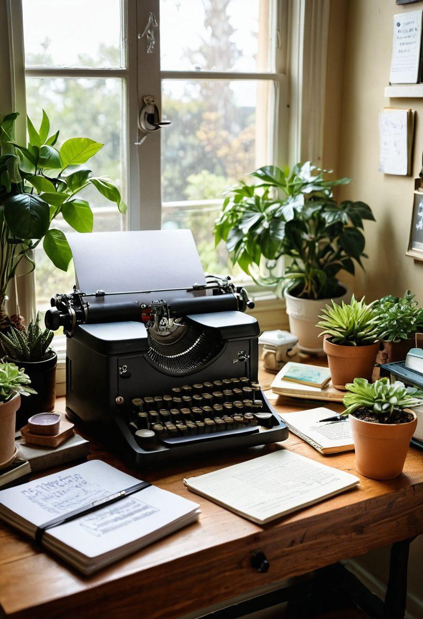 A whimsical workspace adorned with open notebooks, colorful pens, and a vintage typewriter, surrounded by lush plants and framed inspirational quotes. A warm sunlight filters through a window, casting a cozy glow over the scene, inviting creativity to flow. Elements of blogging like a laptop with a blog post visible on the screen and art supplies scattered around enhance the atmosphere. super-realistic. vibrant colors. warm tones.